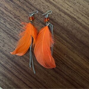 Boho Orange Feather Drop Earrings – Silver Chain Dangles